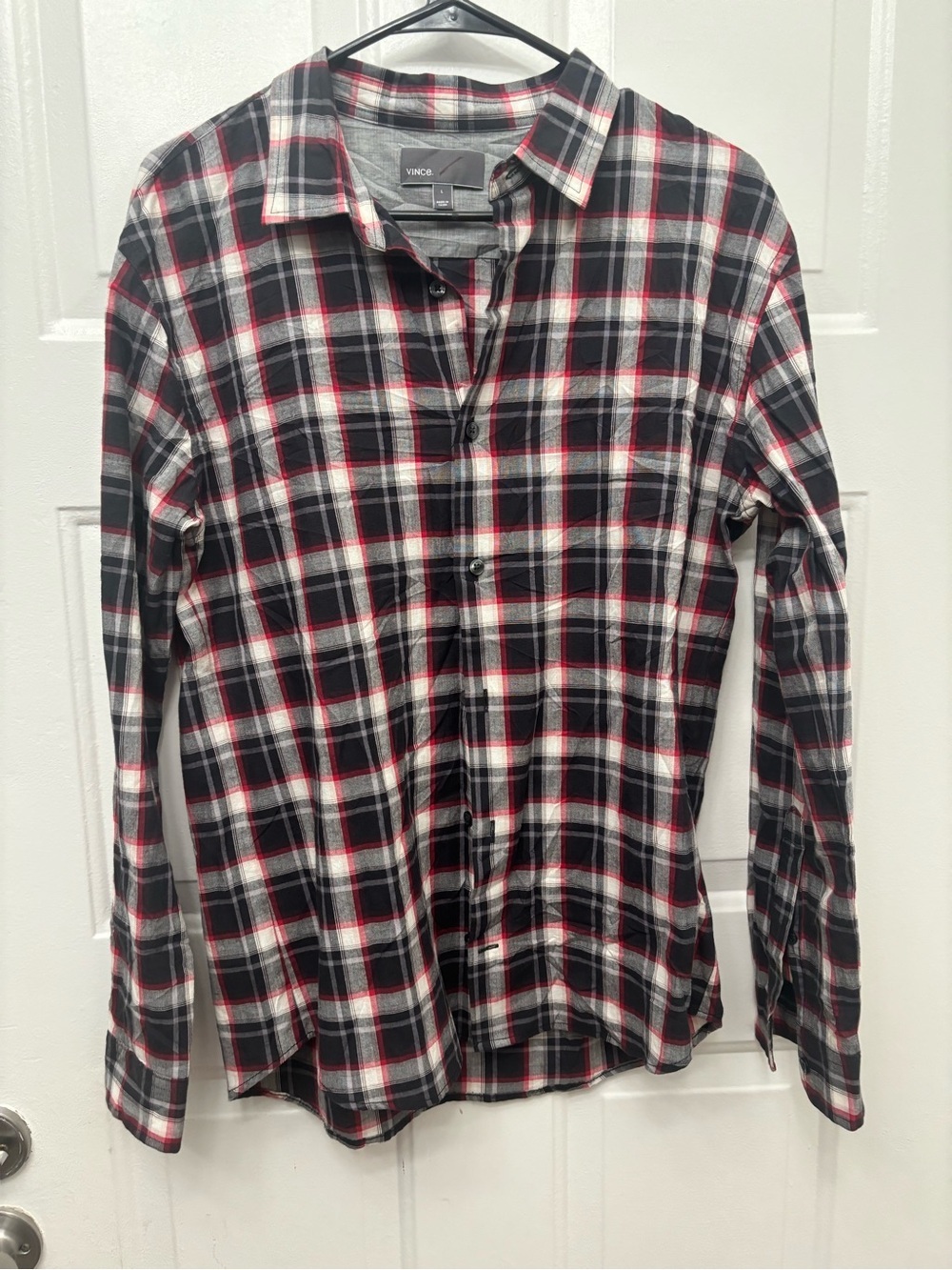 Vince Black, White & Red Plaid Button-Down Cotton Plaid Long Sleeve Shirt